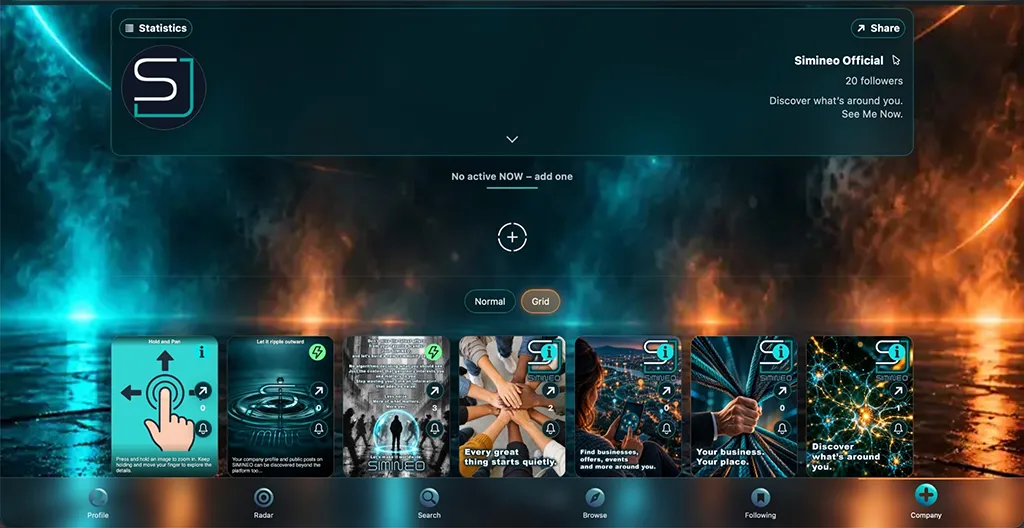 SIMINEO desktop interface showing the official business profile, public posts in grid view, and navigation for Radar, Search, Browse and Following.