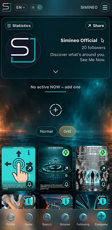 SIMINEO mobile interface showing the official business profile, public posts in grid view, and navigation for discovering and following businesses.